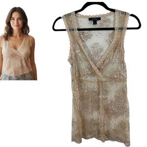 Y2K Vintage Sheer Lace Gold Floral Babydoll Sleeveless Blouse Size Small